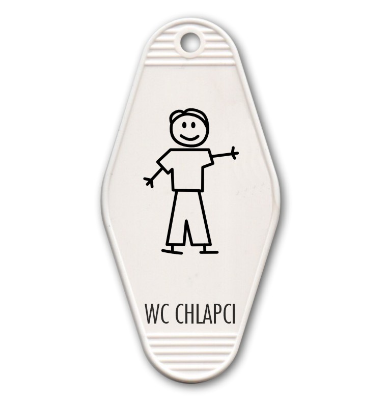 Plastová klíčenka s potiskem – WC chlapci