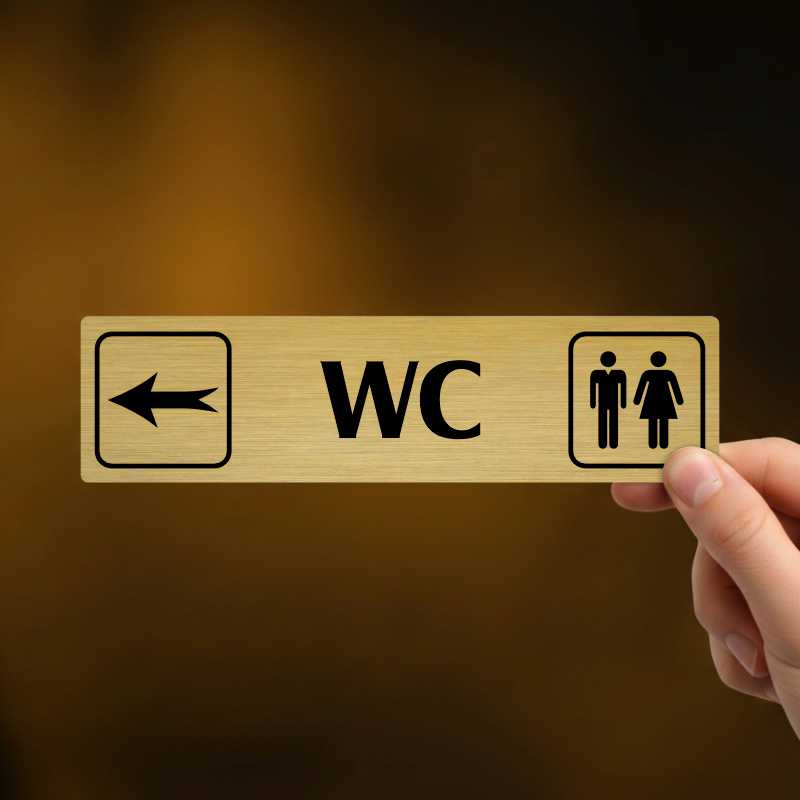 WC vlevo, stříbrná cedulka, 180x45mm
