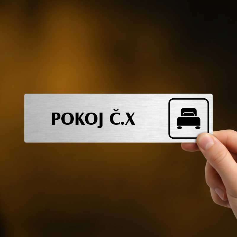 Pokoj č., stříbrná cedulka, 180x45mm