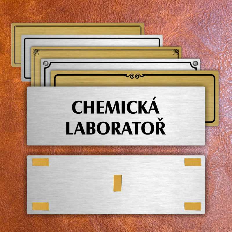 Chemická laboratoř, 240x79mm, stříbrná popiska s imitacemi šroubků