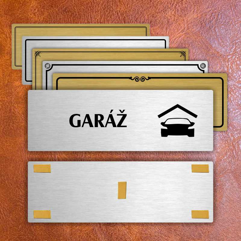 Garáž, 240x79mm, stříbrná popiska s okrasným rámečkem  