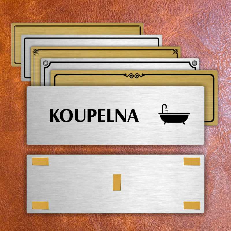 Koupelna, stříbrná popiska na dveře