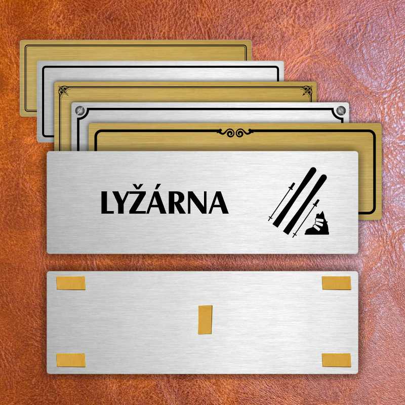 Lyžárna, 240x79mm, stříbrná popiska s dvojtým rámečkem