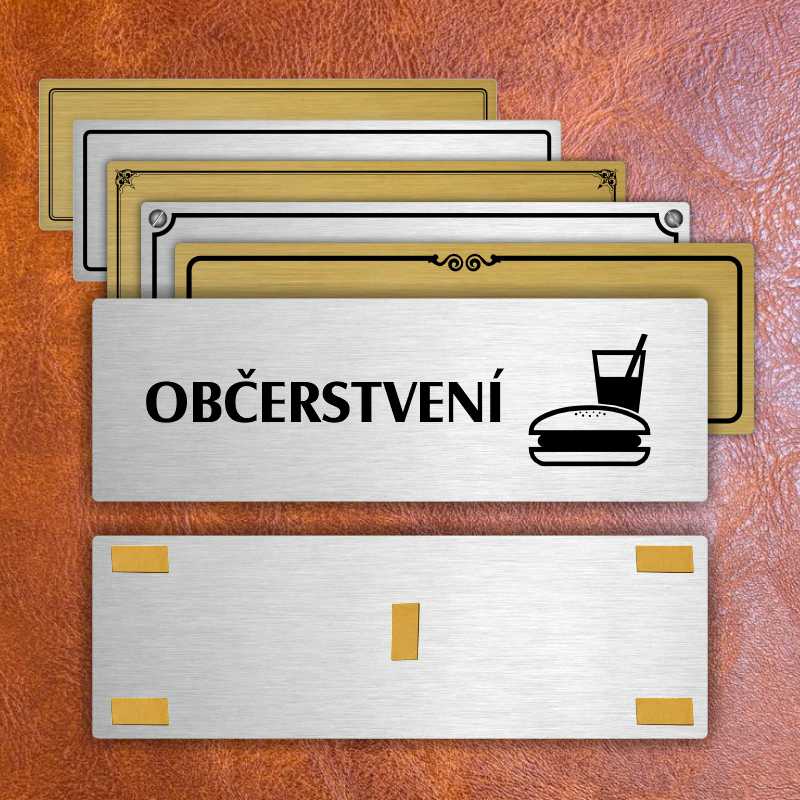 Občerstvení, 200x66mm, stříbrná popiska s imitacemi šroubků