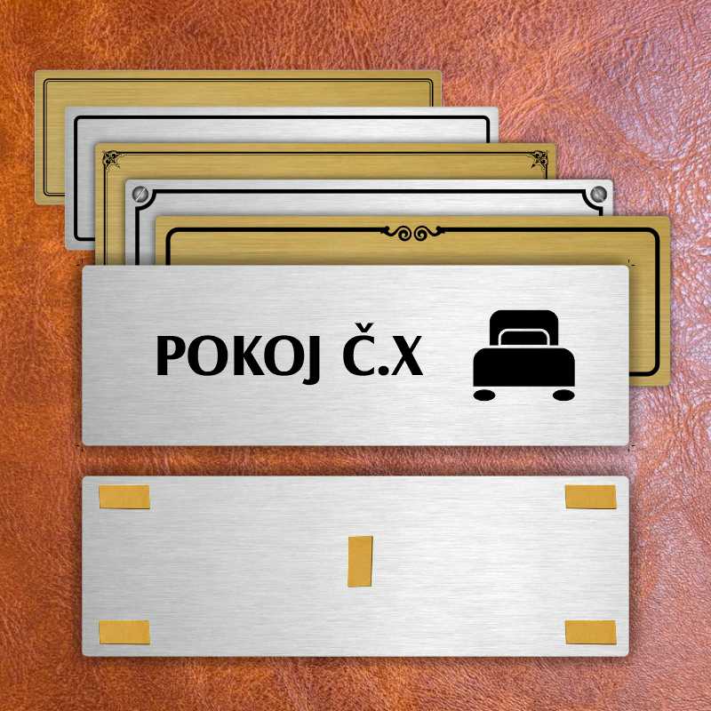 Pokoj č., 240x79mm, stříbrná popiska s dvojtým rámečkem
