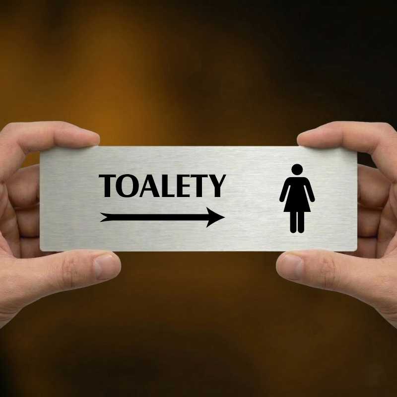 Toalety vpravo ženy, 240x79mm, stříbrná popiska s dvojtým rámečkem
