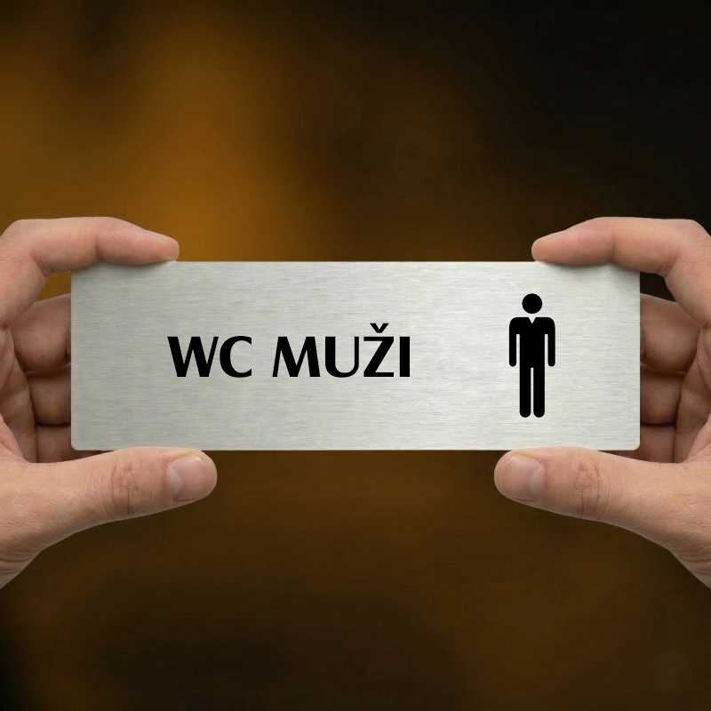 WC muži, 200x66mm, stříbrná popiska s imitacemi šroubků