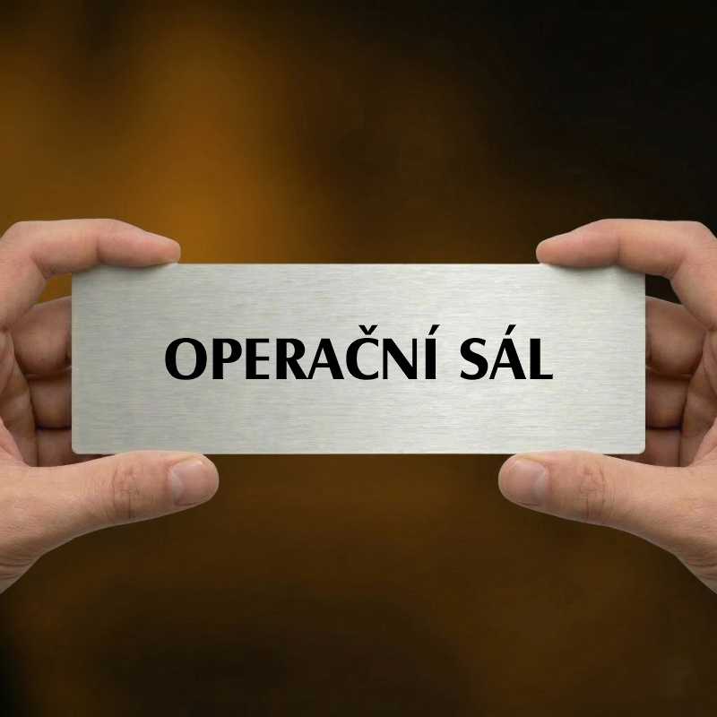 Operační sál, 240x79mm, stříbrná popiska s ozdobou uprostřed