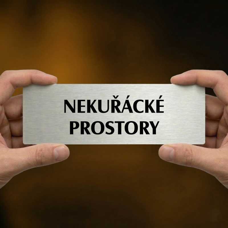 Nekuřácké prostory, 240x79mm, stříbrná popiska s ozdobou uprostřed
