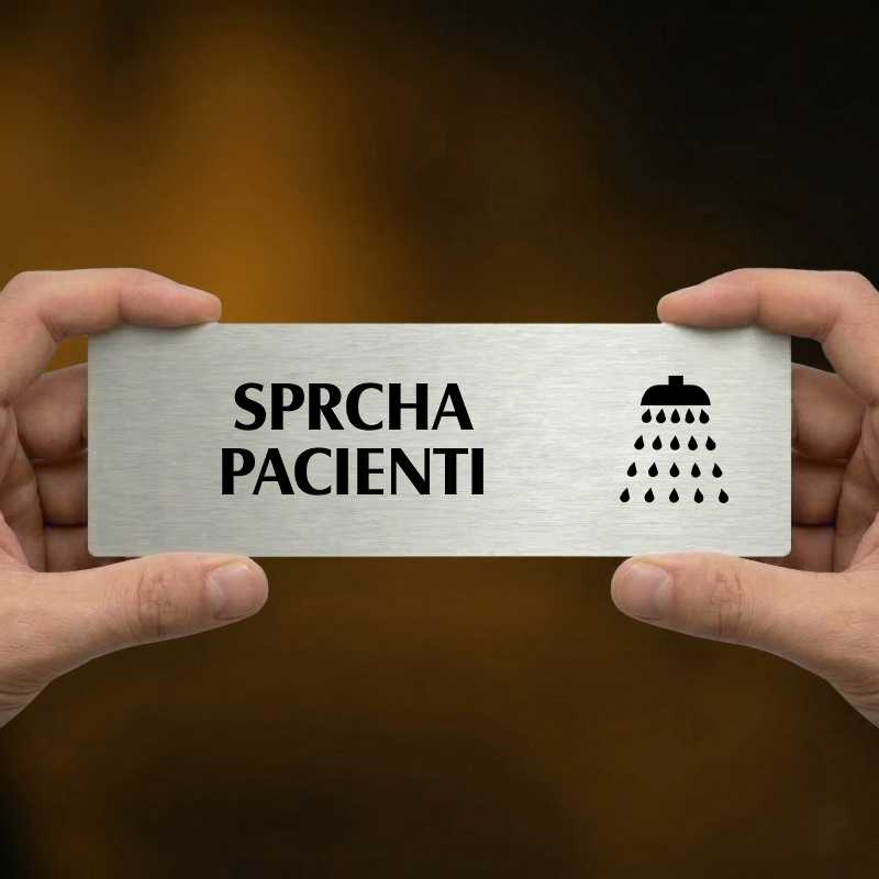 Sprcha pacienti, 240x79mm, stříbrná popiska s dvojtým rámečkem