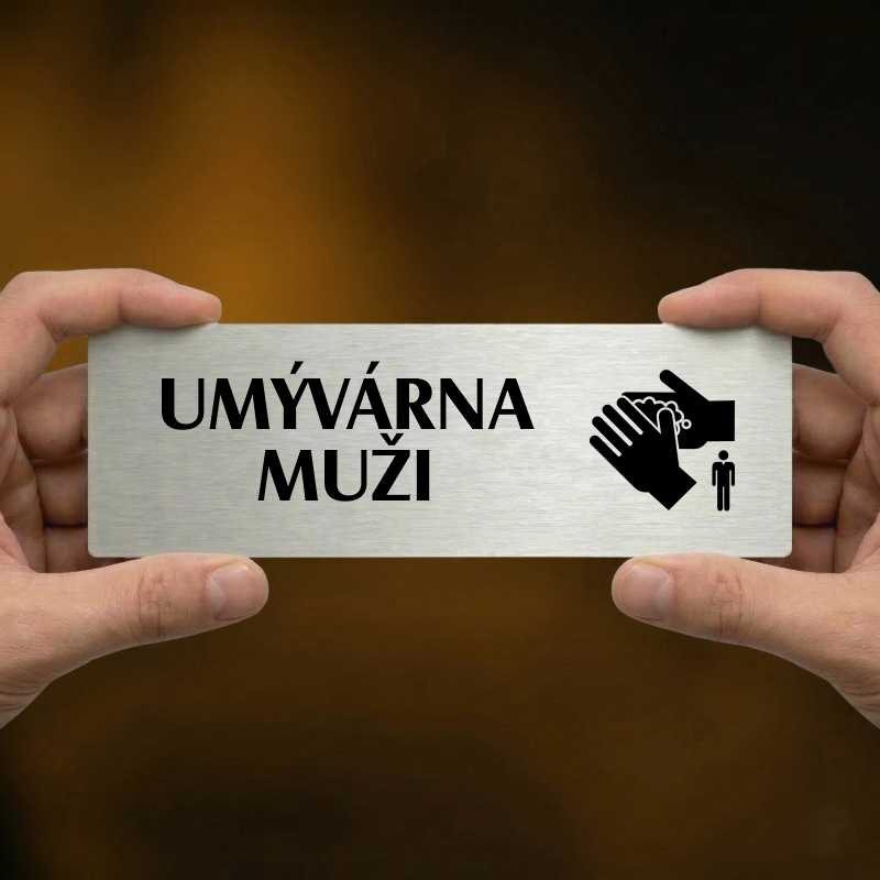 Umývárna muži, 200x66mm, stříbrná popiska s ozdobou uprostřed