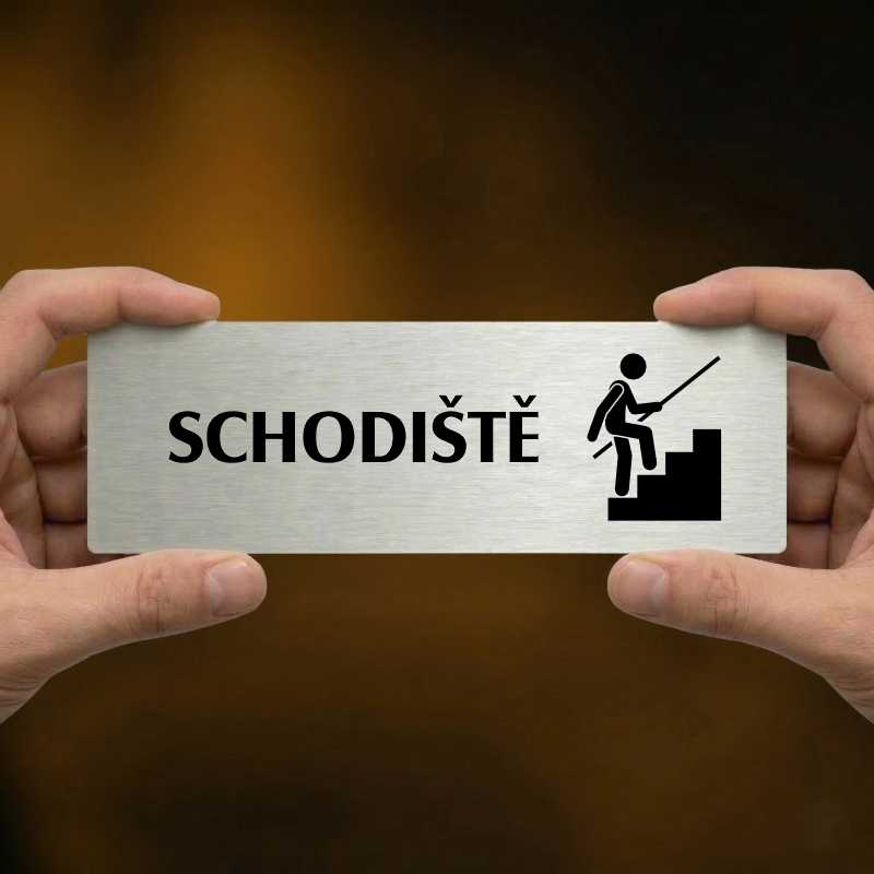 Schodiště, 200x66mm, stříbrná popiska s okrasným rámečkem  
