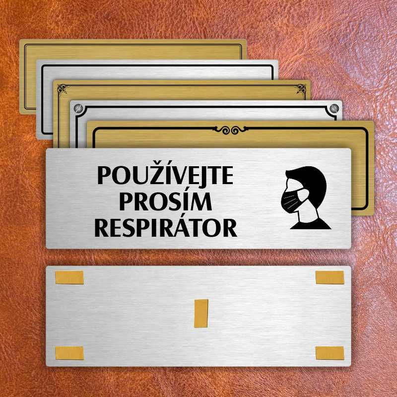Použijte prosím respirátor, 200x66mm, stříbrná popiska s rámečkem