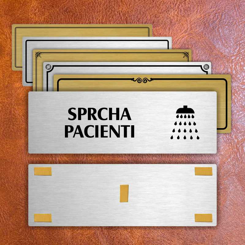 Sprcha pacienti, 240x79mm, stříbrná popiska s dvojtým rámečkem
