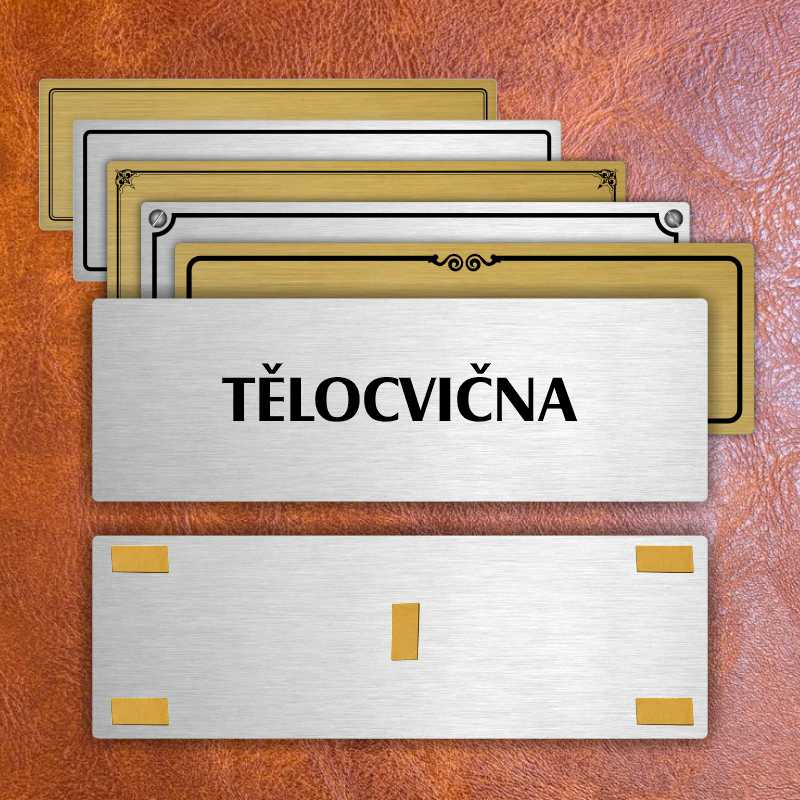 Tělocvična, 200x66mm, stříbrná popiska s imitacemi šroubků