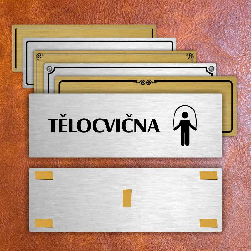 Tělocvična, 240x79mm, stříbrná popiska s imitacemi šroubků