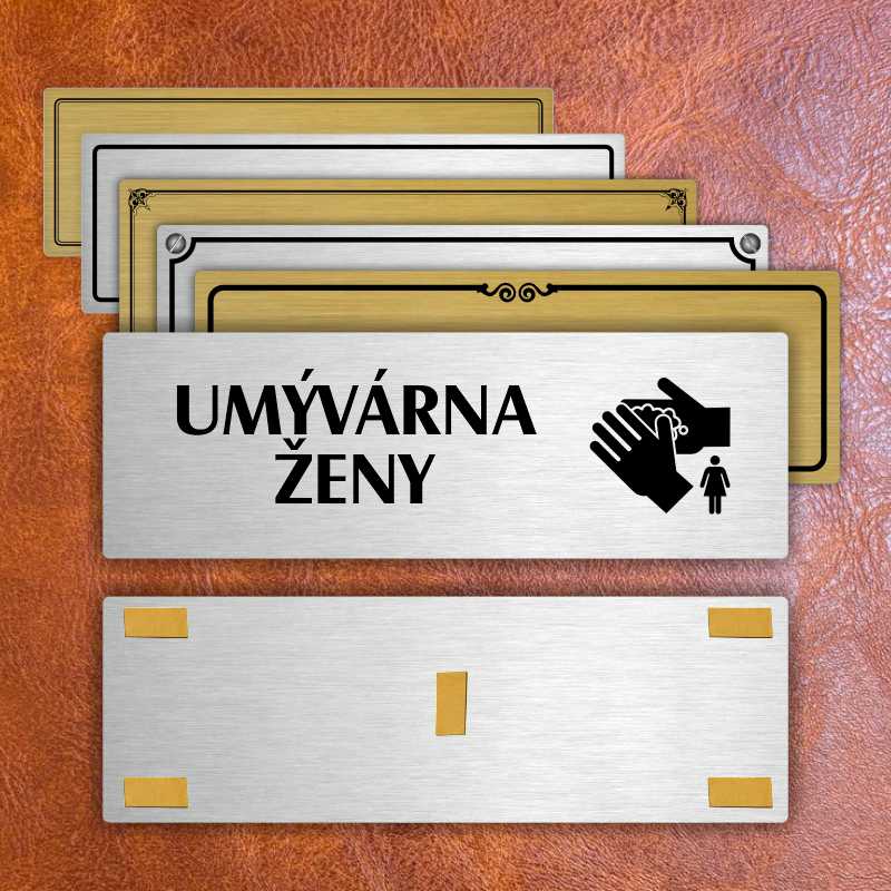 Umývárna ženy, 200x66mm, stříbrná popiska s rámečkem