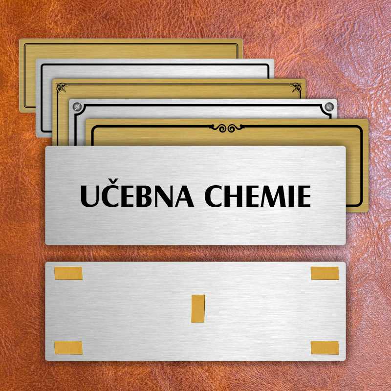 Učebna chemie, 200x66mm, stříbrná popiska s okrasným rámečkem