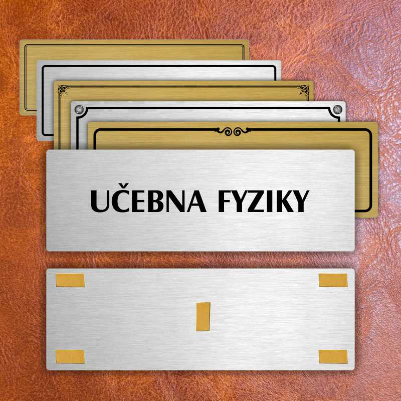 Učebna fyziky, 240x79mm, zlatá popiska s ozdobou uprostřed