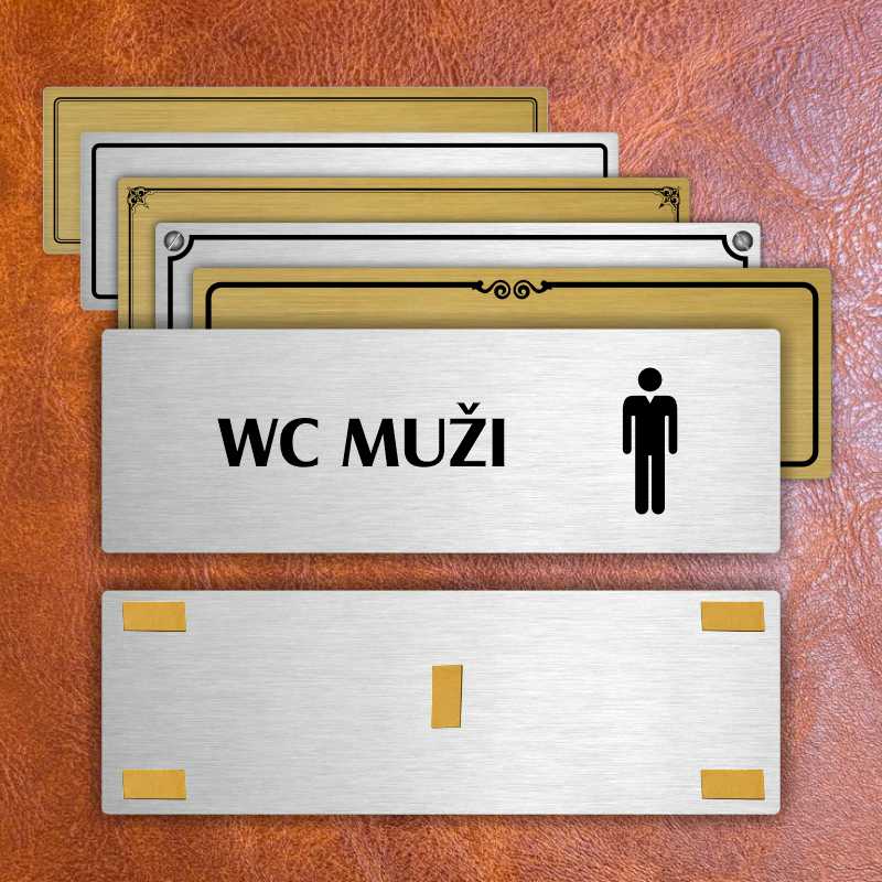 WC muži, 200x66mm, stříbrná popiska s imitacemi šroubků