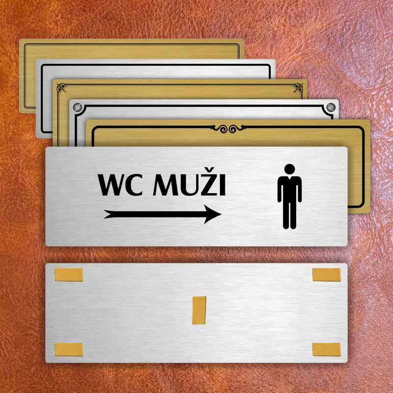 WC muži vpravo, 240x79mm, stříbrná popiska s dvojtým rámečkem