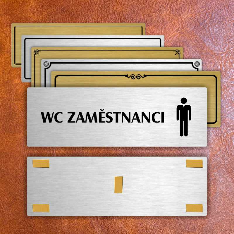 WC zaměstnanci muži, 200x66mm, stříbrná popiska s dvojtým rámečkem