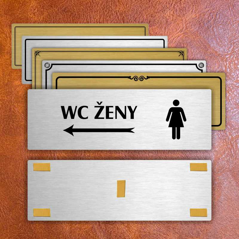 WC ženy vlevo, 200x66mm, stříbrná popiska s rámečkem