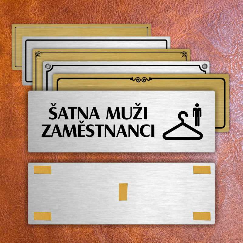 Šatna muži zaměstnanci, 200x66mm, stříbrná popiska s dvojtým rámečkem