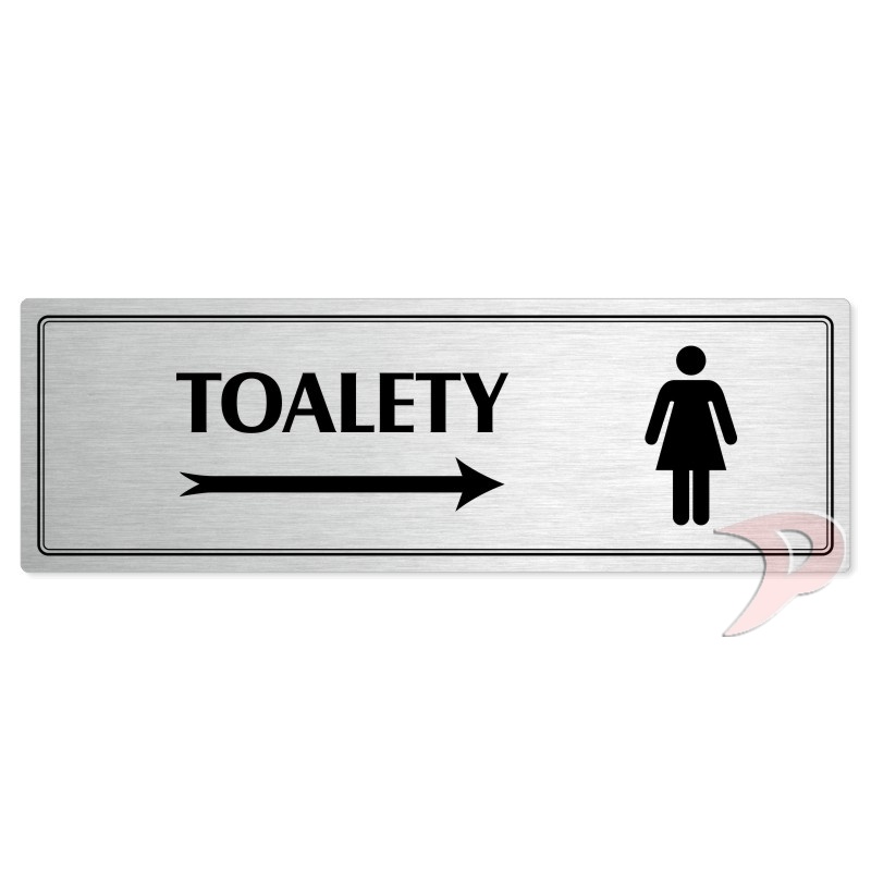 Toalety vpravo ženy, 240x79mm, stříbrná popiska s dvojtým rámečkem