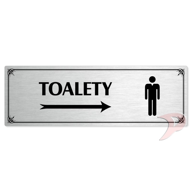 Toalety vpravo muži, 240x79mm, stříbrná popiska s okrasným rámečkem
