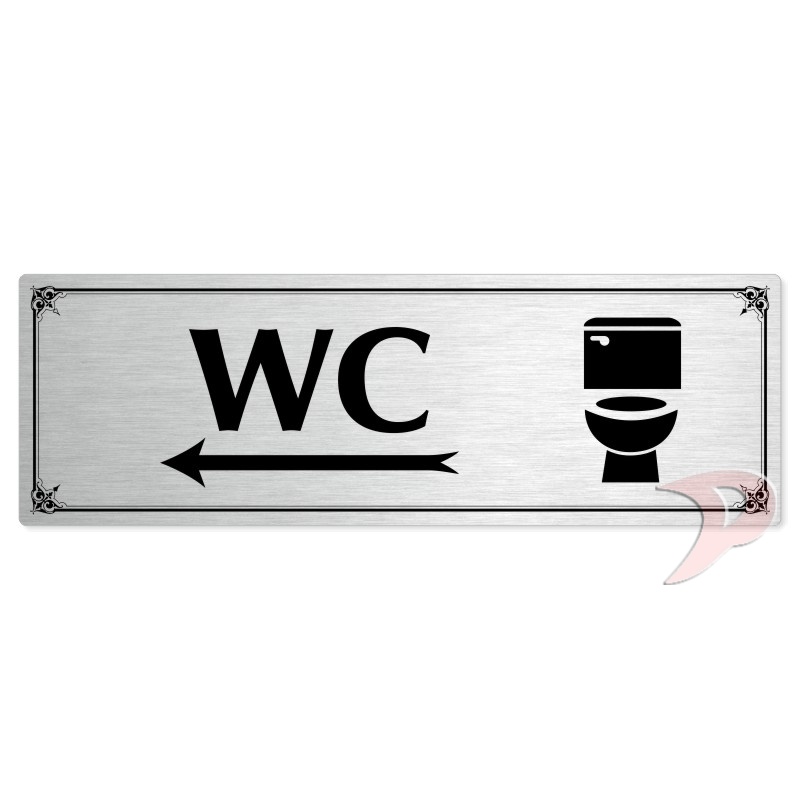 WC vlevo, 200x66mm, stříbrná popiska s okrasným rámečkem
