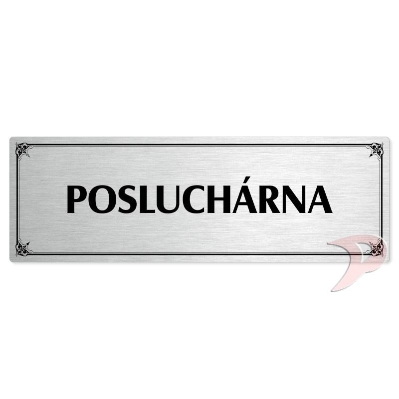 Posluchárna, 200x66mm, stříbrná popiska s okrasným rámečkem
