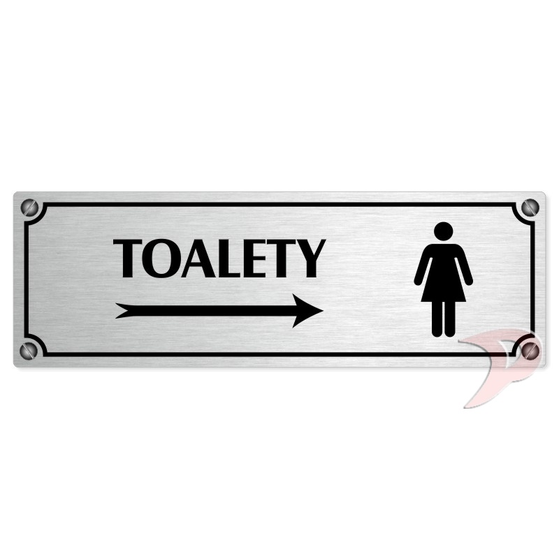 Toalety vpravo ženy, 240x79mm, stříbrná popiska s imitacemi šroubků
