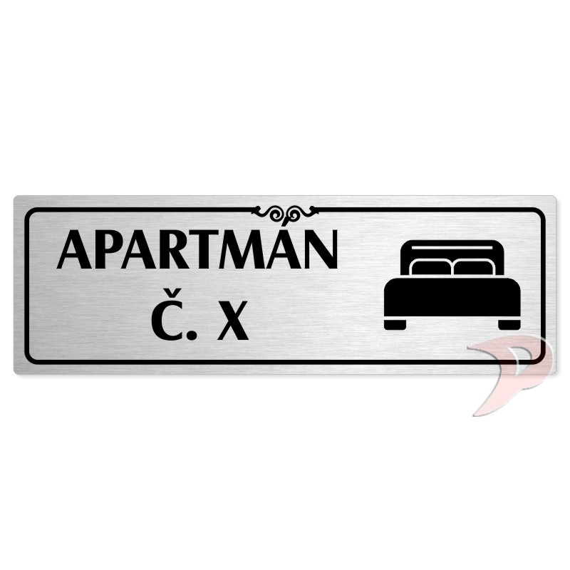 Apartmán č., 240x79mm, stříbrná popiska s ozdobou uprostřed