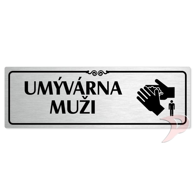Umývárna muži, 200x66mm, stříbrná popiska s ozdobou uprostřed