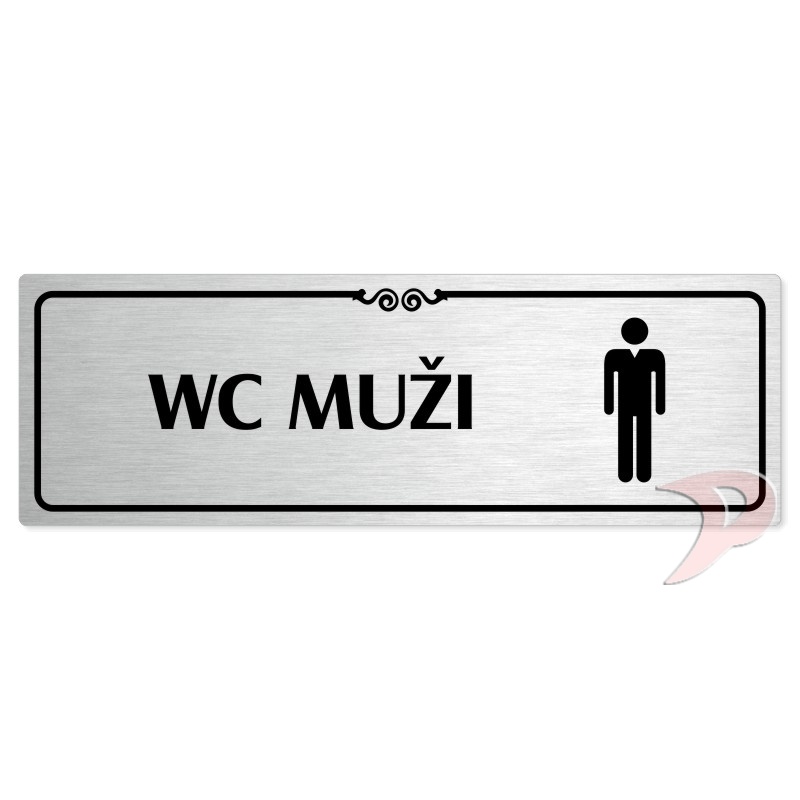 WC muži, 200x66mm, stříbrná popiska s ozdobou uprostřed