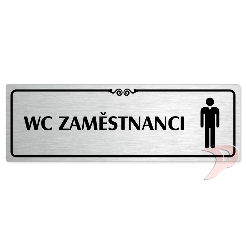 WC zaměstnanci muži, 200x66mm, stříbrná popiska s ozdobou uprostřed
