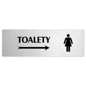 Toalety vpravo ženy, stříbrná popiska na dveře
