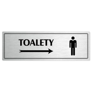Toalety vpravo muži, 240x79mm, stříbrná popiska s dvojtým rámečkem