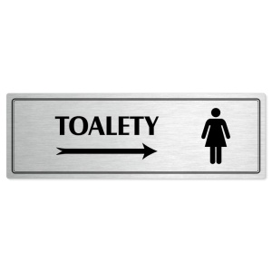 Toalety vpravo ženy, 240x79mm, stříbrná popiska s dvojtým rámečkem