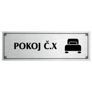 Pokoj č., 240x79mm, stříbrná popiska s okrasným rámečkem  