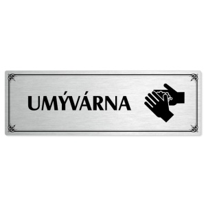 Umývárna, 240x79mm, stříbrná popiska s okrasným rámečkem  