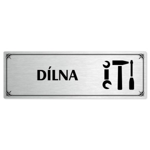 Dílna, 240x79mm, stříbrná popiska s okrasným rámečkem  
