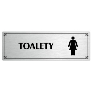 Toalety ženy, 240x79mm, stříbrná popiska s okrasným rámečkem  