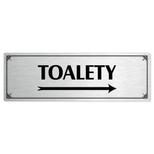 Toalety vpravo, 240x79mm, stříbrná popiska s okrasným rámečkem  