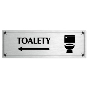Toalety vlevo, 240x79mm, stříbrná popiska s okrasným rámečkem  