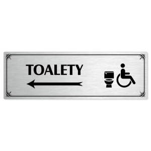 Toalety vlevo invalida, 240x79mm, stříbrná popiska s okrasným rámečkem  