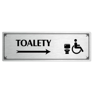 Toalety vpravo invalida, 240x79mm, stříbrná popiska s okrasným rámečkem  