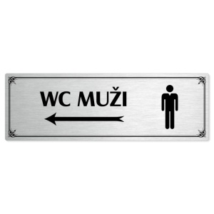 WC muži vlevo, 240x79mm, stříbrná popiska s okrasným rámečkem  