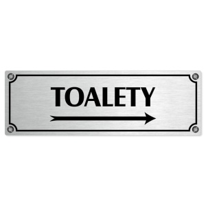 Toalety vpravo, 200x66mm, stříbrná popiska s imitacemi šroubků